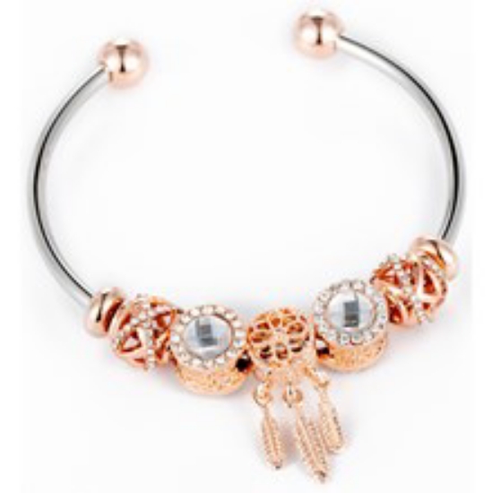 Picture of Bead & Crystal Open Bangle - Rose Gold & Clear